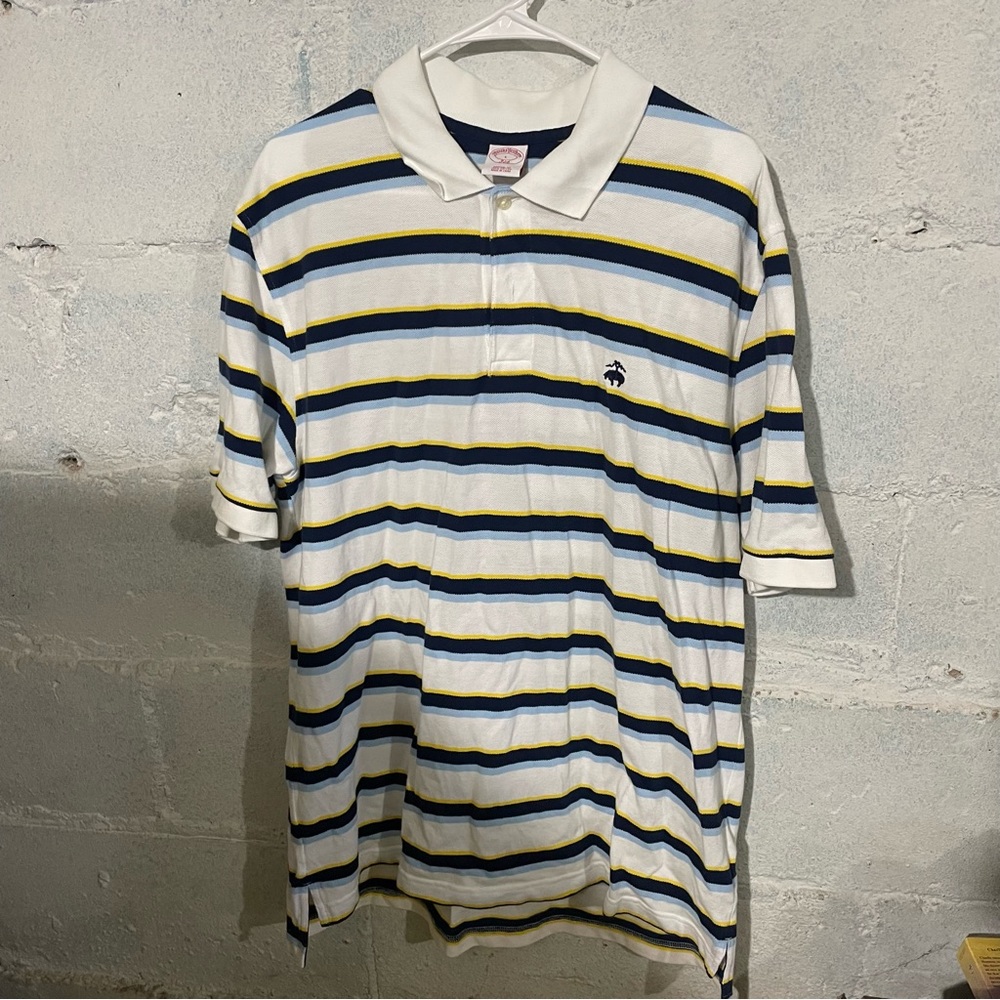 Brooks Brothers White and Blue Striped Short Sleeve Polo